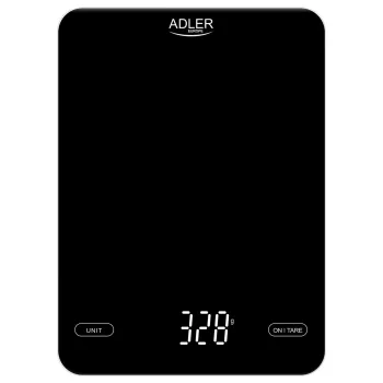 Virtuvinės elektroninės svarstyklės Adler AD 3177b – 10 kg talpa, 1 g tikslumas, juodos spalvos, stiklinis paviršius