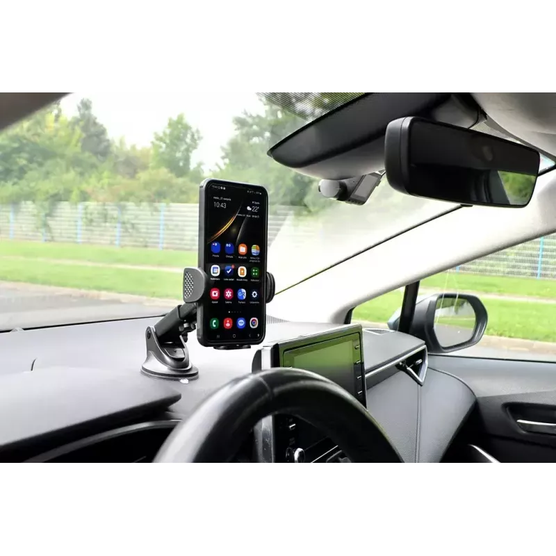 Automobilinis telefono laikiklis IBOX H-9 reguliuojamas kampas universalus pritaikymas išmaniesiems telefonams, siurbtukas, juodas, plastikinis