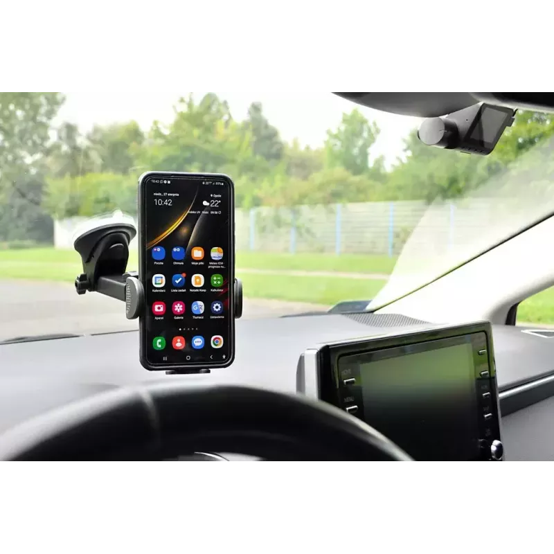 Automobilinis telefono laikiklis IBOX H-9 reguliuojamas kampas universalus pritaikymas išmaniesiems telefonams, siurbtukas, juodas, plastikinis