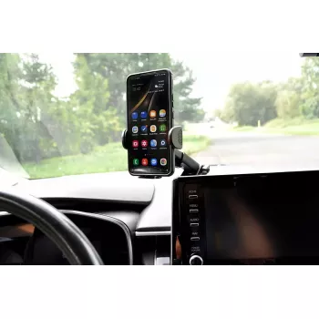 Automobilinis telefono laikiklis IBOX H-9 reguliuojamas kampas universalus pritaikymas išmaniesiems telefonams, siurbtukas, juodas, plastikinis