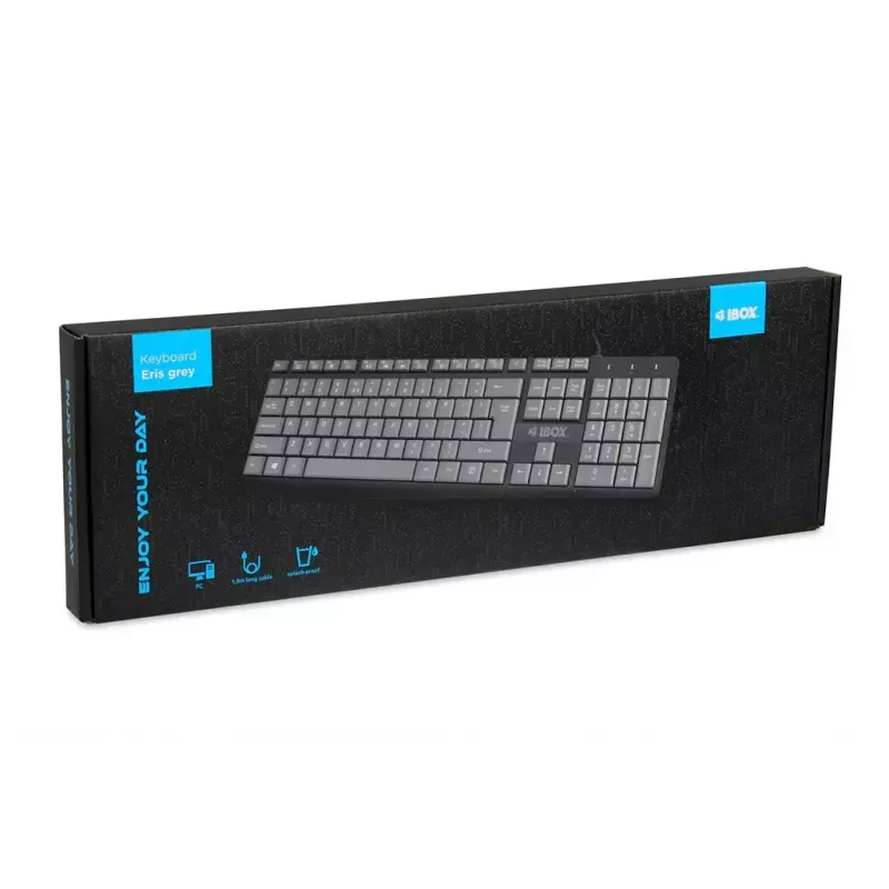 Laidinė USB klaviatūra IBOX Eris IKC2010G — pilno dydžio 105 klavišai, USB, pilkai/juoda, atspari vandeniui, 1,8 m laidas