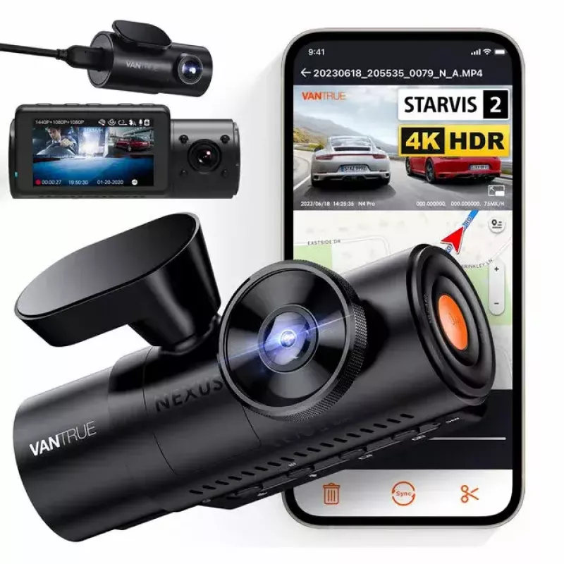 Vaizdo registratorius VANTRUE N4 PRO, 3 kanalų, pagrindinė 3840×2160, 165° priekis, 160° salonas, GPS, Wi‑Fi, IPS ekranas, MicroSD iki 512 GB