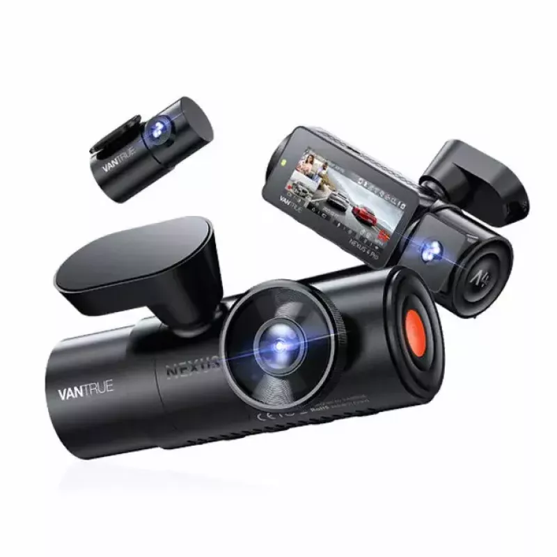 Vaizdo registratorius VANTRUE N4 PRO, 3 kanalų, pagrindinė 3840×2160, 165° priekis, 160° salonas, GPS, Wi‑Fi, IPS ekranas, MicroSD iki 512 GB