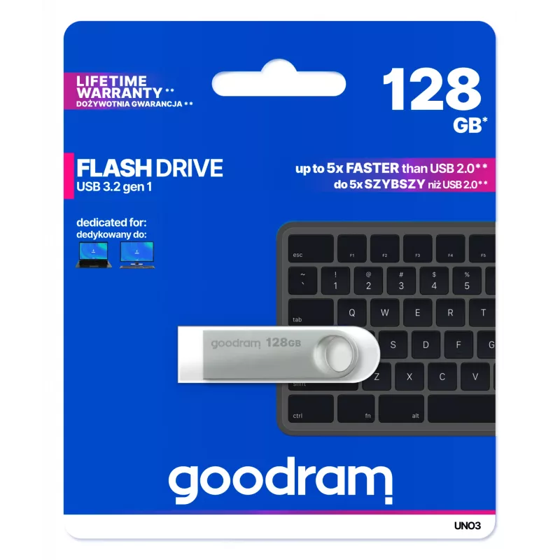 Goodram USB UNO3-1280S0R11 USB atmintukas 128 GB USB Type-A 3.2 Gen 1 (3.1 Gen 1) Sidabrinis