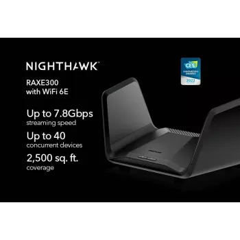 NETGEAR Nighthawk AXE7800 WiFi maršrutizatorius (RAXE300), Wi-Fi 6E (802.11ax), trijų juostų (2,4 GHz / 5 GHz / 6 GHz), Gigabit Ethernet, juodas, nešiojamasis maršrutizatorius