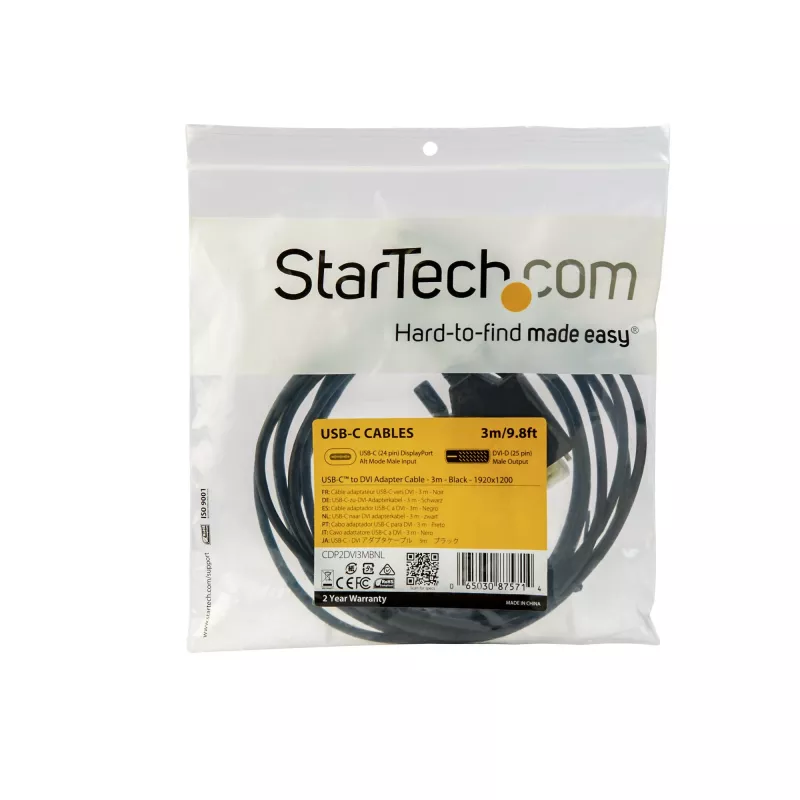 StarTech.com USB-C į DVI laidas, 3 m, 1080p (Single Link), USB Type-C (DP Alt Mode HBR2) į DVI-D, suderinamas su Thunderbolt 3