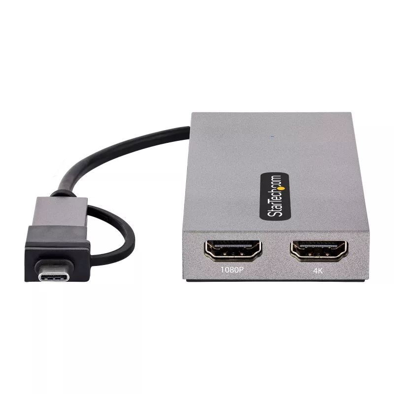StarTech.com USB į dvigubą HDMI adapteris, USB A/C į 2x HDMI ekranus (1x 4K30Hz, 1x 1080p), integruotas USB-A į C adapteris, 11 cm laidas, USB 3.0 į HDMI vaizdo adapteris, Windows ir macOS