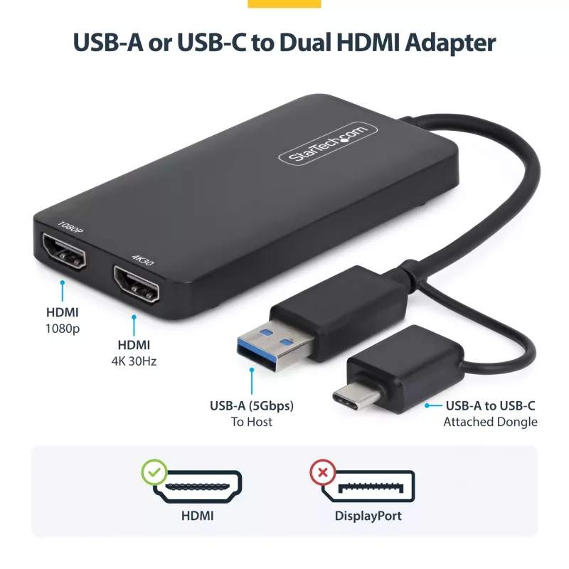StarTech.com USB į dvigubą HDMI adapteris, USB A/C į 2x HDMI ekranus (1x 4K30Hz, 1x 1080p), integruotas USB-A į C adapteris, 11 cm laidas, USB 3.0 į HDMI vaizdo adapteris, Windows ir macOS