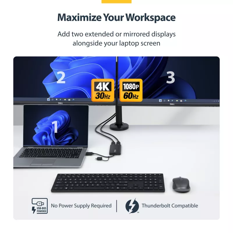 StarTech.com USB į dvigubą HDMI adapteris, USB A/C į 2x HDMI ekranus (1x 4K30Hz, 1x 1080p), integruotas USB-A į C adapteris, 11 cm laidas, USB 3.0 į HDMI vaizdo adapteris, Windows ir macOS