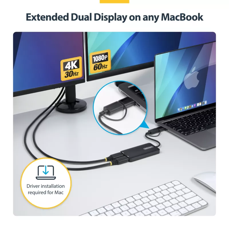 StarTech.com USB į dvigubą HDMI adapteris, USB A/C į 2x HDMI ekranus (1x 4K30Hz, 1x 1080p), integruotas USB-A į C adapteris, 11 cm laidas, USB 3.0 į HDMI vaizdo adapteris, Windows ir macOS