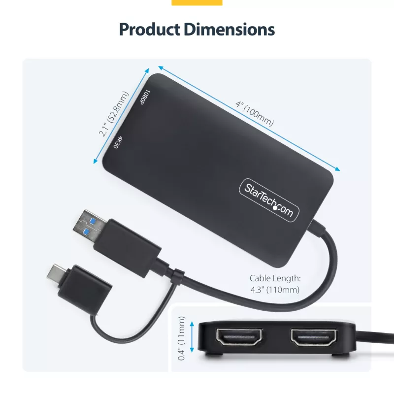 StarTech.com USB į dvigubą HDMI adapteris, USB A/C į 2x HDMI ekranus (1x 4K30Hz, 1x 1080p), integruotas USB-A į C adapteris, 11 cm laidas, USB 3.0 į HDMI vaizdo adapteris, Windows ir macOS