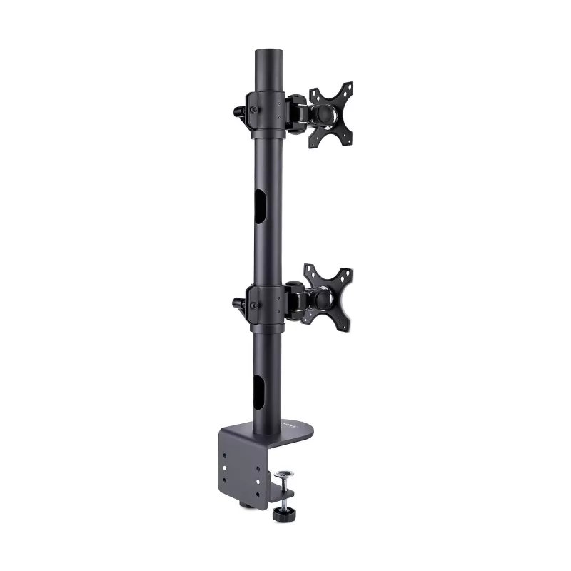 StarTech.com stalo laikiklis 2 vertikaliai sukrautiems monitoriams, dvigubas 49 colių, bendra apkrova 70 svarų (32 kg), C-spaustuvas, greito atlaisvinimo VESA sistema, plačiaekranis 16:9 / itin platus 32:9, TAA