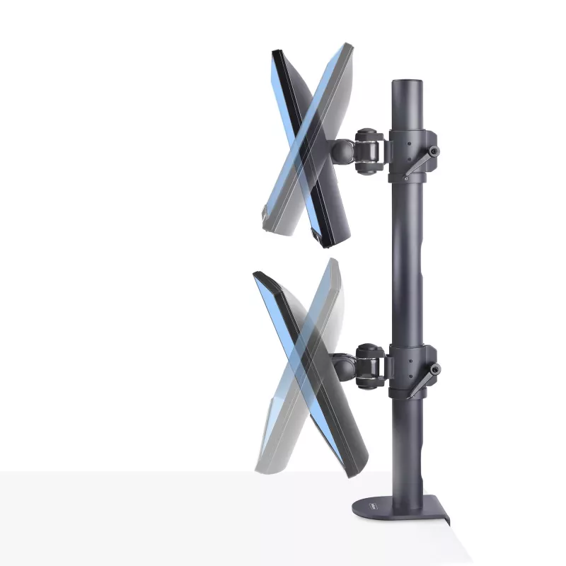 StarTech.com stalo laikiklis 2 vertikaliai sukrautiems monitoriams, dvigubas 49 colių, bendra apkrova 70 svarų (32 kg), C-spaustuvas, greito atlaisvinimo VESA sistema, plačiaekranis 16:9 / itin platus 32:9, TAA