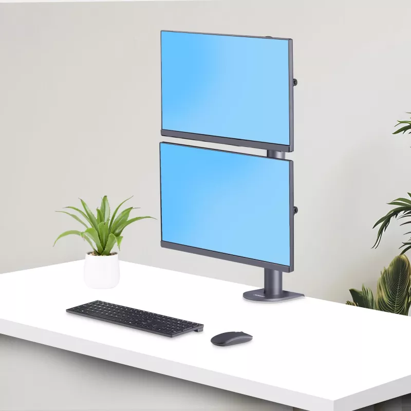 StarTech.com stalo laikiklis 2 vertikaliai sukrautiems monitoriams, dvigubas 49 colių, bendra apkrova 70 svarų (32 kg), C-spaustuvas, greito atlaisvinimo VESA sistema, plačiaekranis 16:9 / itin platus 32:9, TAA