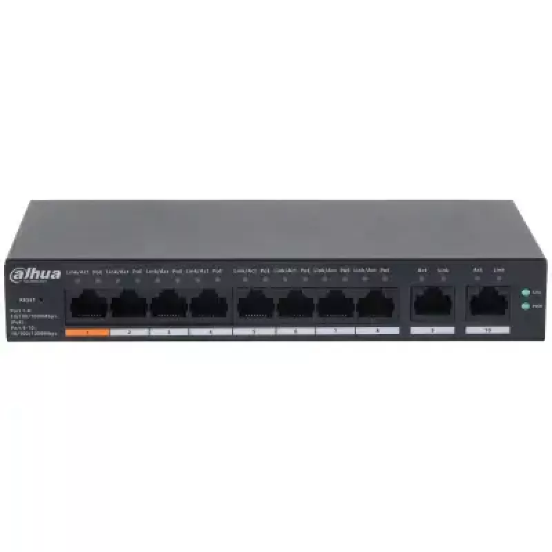 Valdomas L2 Gigabit PoE jungiklis DAHUA CS4010-8GT-60 — 10x Gigabit (10/100/1000), 20 Gbit/s, 8000 MAC, stalinis/sieninis, juodas