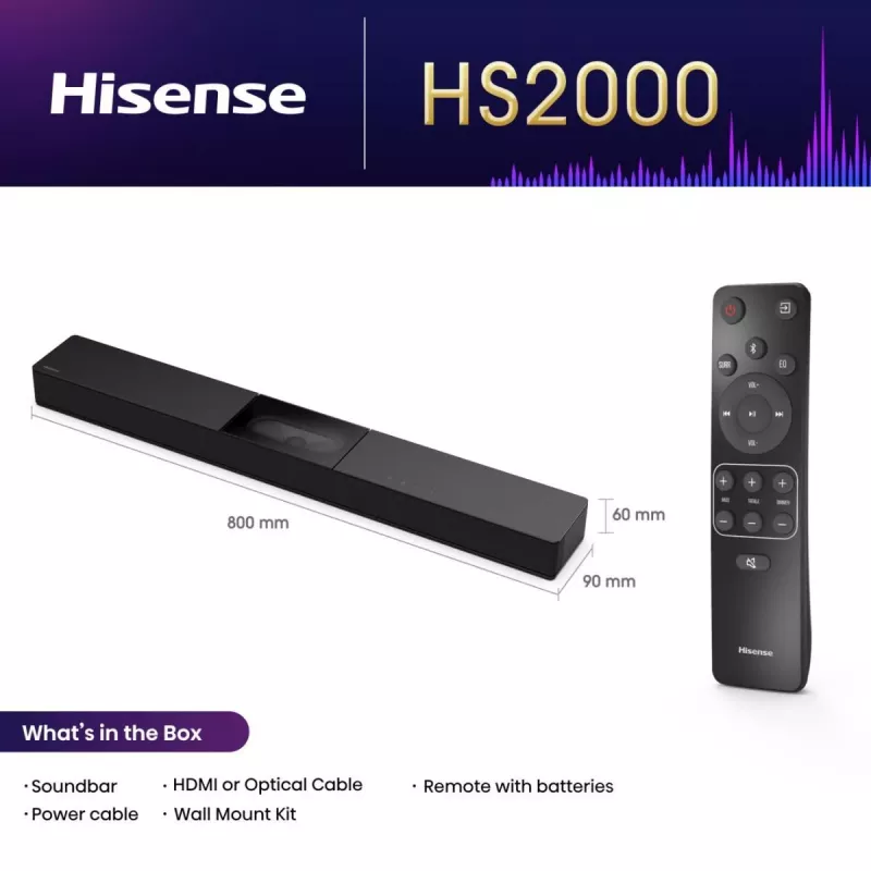 Hisense HS2000 2.1 kanalų 240 W garso juosta su įmontuotu žemų dažnių garsiakalbiu