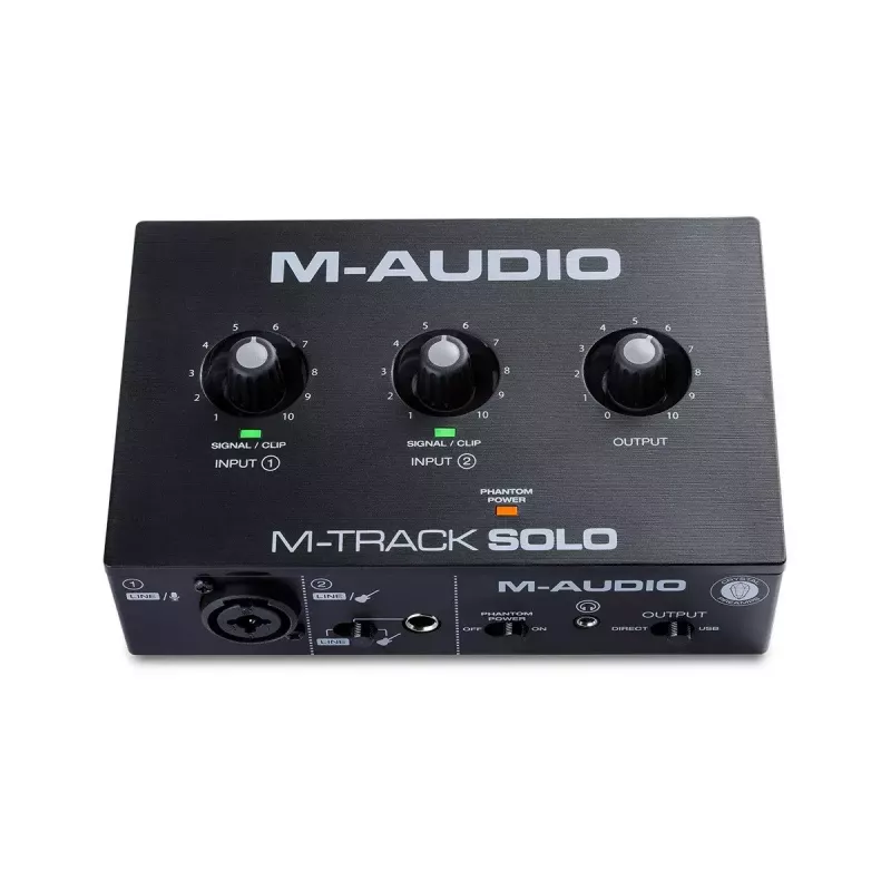 Garso sąsaja M-Audio M-Track Solo USB 16 bitų / 48 kHz, 1 įėjimas / 1 išėjimas, kombinuotas XLR/TRS lizdas, instrumentinis įėjimas, 48 V fantominis maitinimas, ausinių išėjimas