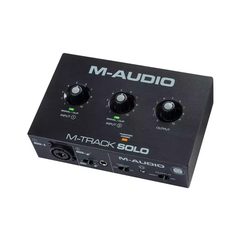 Garso sąsaja M-Audio M-Track Solo USB 16 bitų / 48 kHz, 1 įėjimas / 1 išėjimas, kombinuotas XLR/TRS lizdas, instrumentinis įėjimas, 48 V fantominis maitinimas, ausinių išėjimas