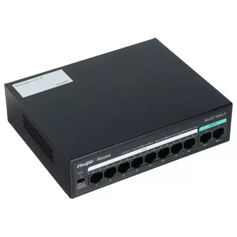 RUIJIE nevaldomas PoE komutatorius RG-ES110FG-P — 10 prievadų Gigabit (10/100/1000) su 1 SFP, 120 W, 20 Gbps perjungimas