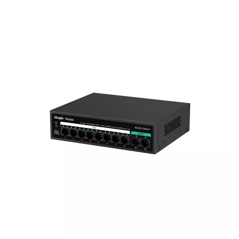RUIJIE nevaldomas PoE komutatorius RG-ES110FG-P — 10 prievadų Gigabit (10/100/1000) su 1 SFP, 120 W, 20 Gbps perjungimas