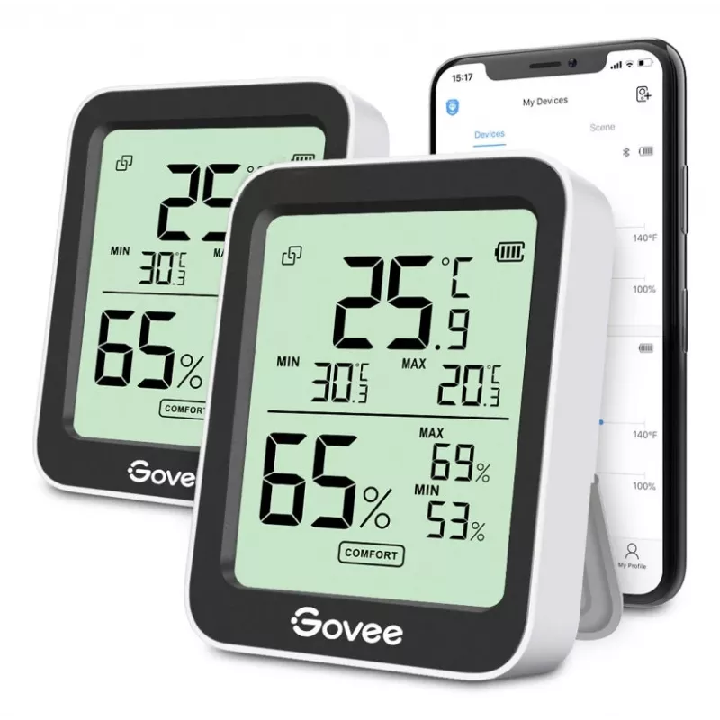 Govee H5075 belaidis temperatūros ir drėgmės jutiklis, pastatomas