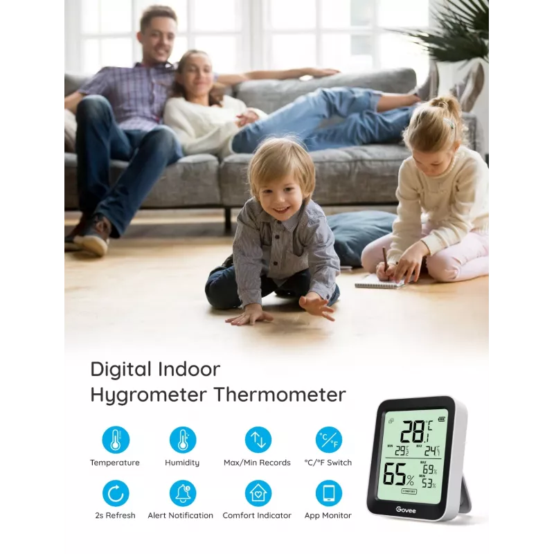 Govee H5075 belaidis temperatūros ir drėgmės jutiklis, pastatomas