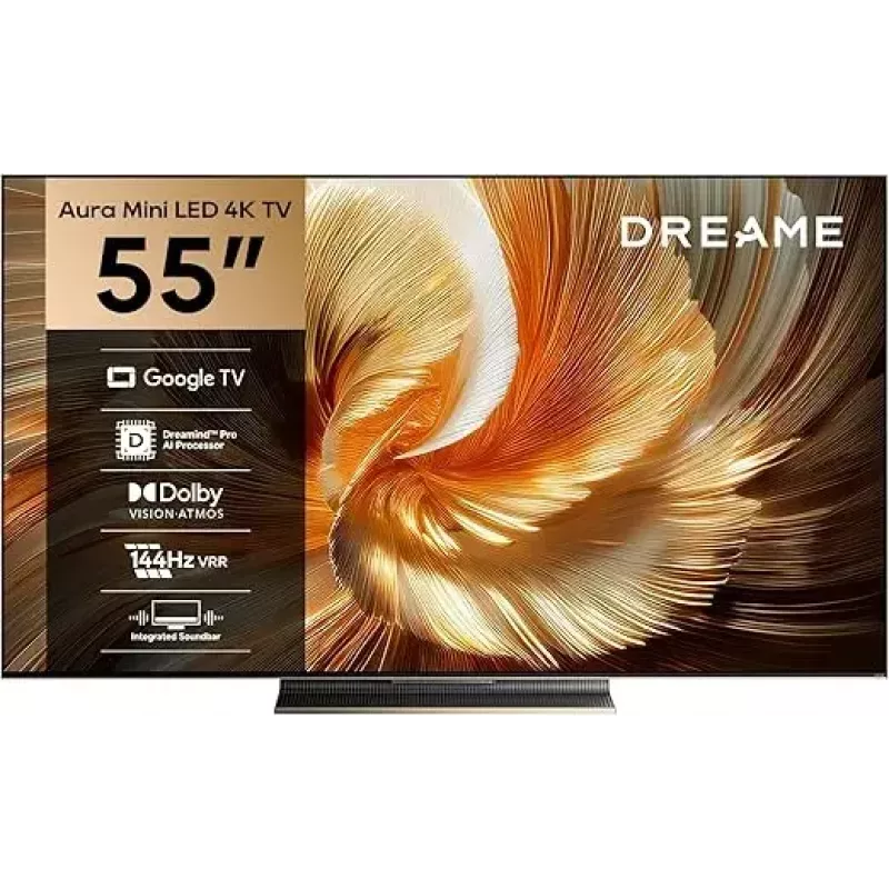 Smart TV Dreame Aura S100 55 colių, QLED+ (Mini LED), 4K UHD, Google TV, 144 Hz, AI procesorius, įmontuota garso juosta, juoda