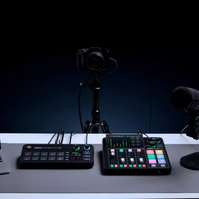 Daugiakanalė podcast'ų ir tiesioginių transliacijų gamybos konsolė Rode RodeCaster Video S RCVS-E – jutiklinis ekranas, Wi‑Fi, Bluetooth 5.3, 5x USB-C, 3x HDMI įėjimai, 1x HDMI išėjimas, microSD