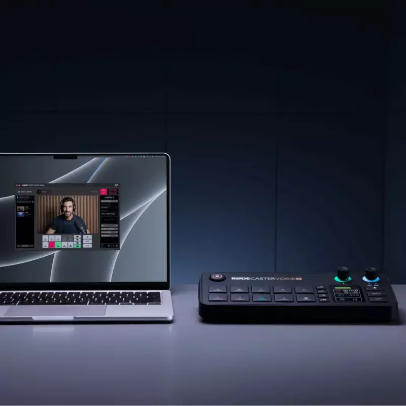 Daugiakanalė podcast'ų ir tiesioginių transliacijų gamybos konsolė Rode RodeCaster Video S RCVS-E – jutiklinis ekranas, Wi‑Fi, Bluetooth 5.3, 5x USB-C, 3x HDMI įėjimai, 1x HDMI išėjimas, microSD