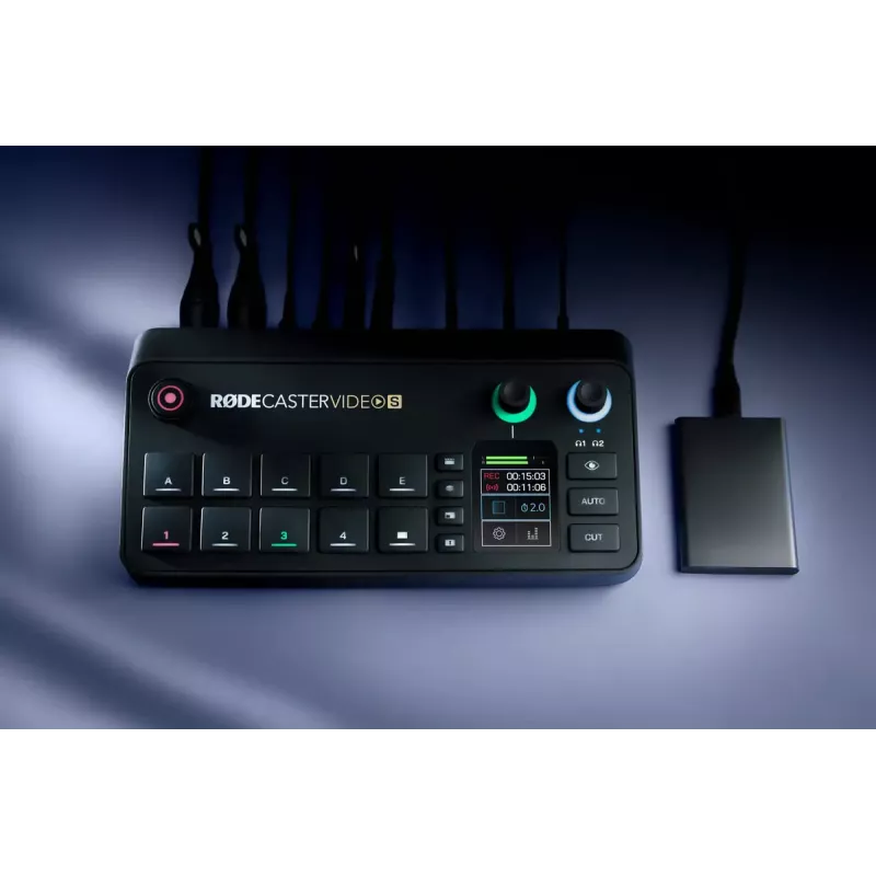 Daugiakanalė podcast'ų ir tiesioginių transliacijų gamybos konsolė Rode RodeCaster Video S RCVS-E – jutiklinis ekranas, Wi‑Fi, Bluetooth 5.3, 5x USB-C, 3x HDMI įėjimai, 1x HDMI išėjimas, microSD