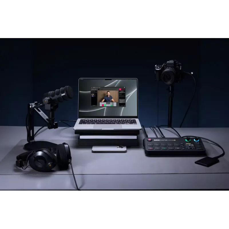 Daugiakanalė podcast'ų ir tiesioginių transliacijų gamybos konsolė Rode RodeCaster Video S RCVS-E – jutiklinis ekranas, Wi‑Fi, Bluetooth 5.3, 5x USB-C, 3x HDMI įėjimai, 1x HDMI išėjimas, microSD