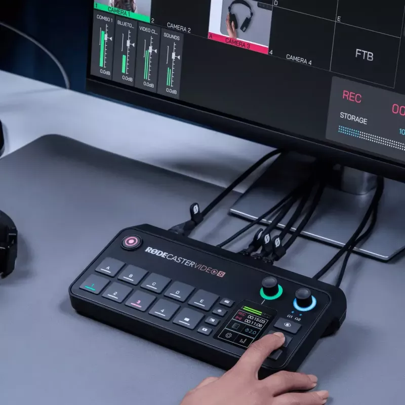 Daugiakanalė podcast'ų ir tiesioginių transliacijų gamybos konsolė Rode RodeCaster Video S RCVS-E – jutiklinis ekranas, Wi‑Fi, Bluetooth 5.3, 5x USB-C, 3x HDMI įėjimai, 1x HDMI išėjimas, microSD
