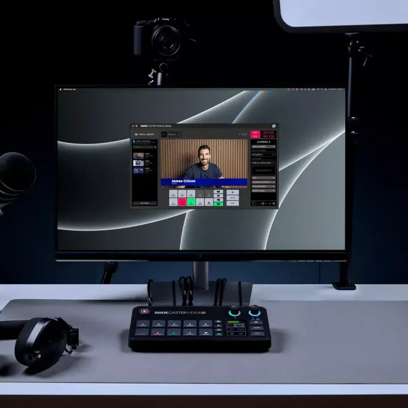 Daugiakanalė podcast'ų ir tiesioginių transliacijų gamybos konsolė Rode RodeCaster Video S RCVS-E – jutiklinis ekranas, Wi‑Fi, Bluetooth 5.3, 5x USB-C, 3x HDMI įėjimai, 1x HDMI išėjimas, microSD