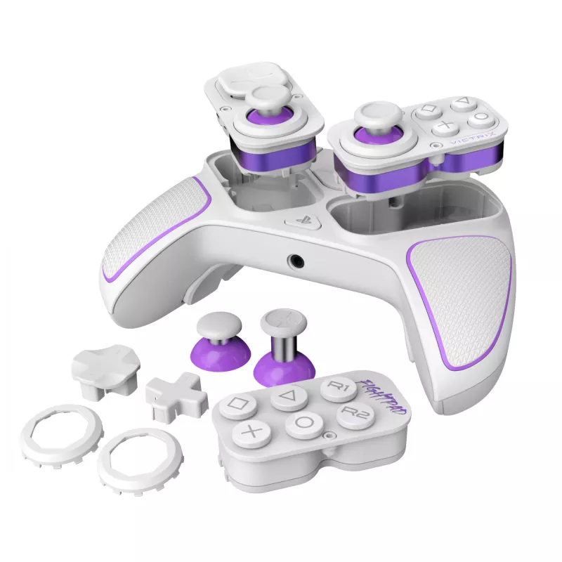 Žaidimų pultas VICTRIX 052-002-WH belaidis ir laidinis RF/USB, USB-C, 2000 mAh, PC/PS4/PS5, violetinė/balta