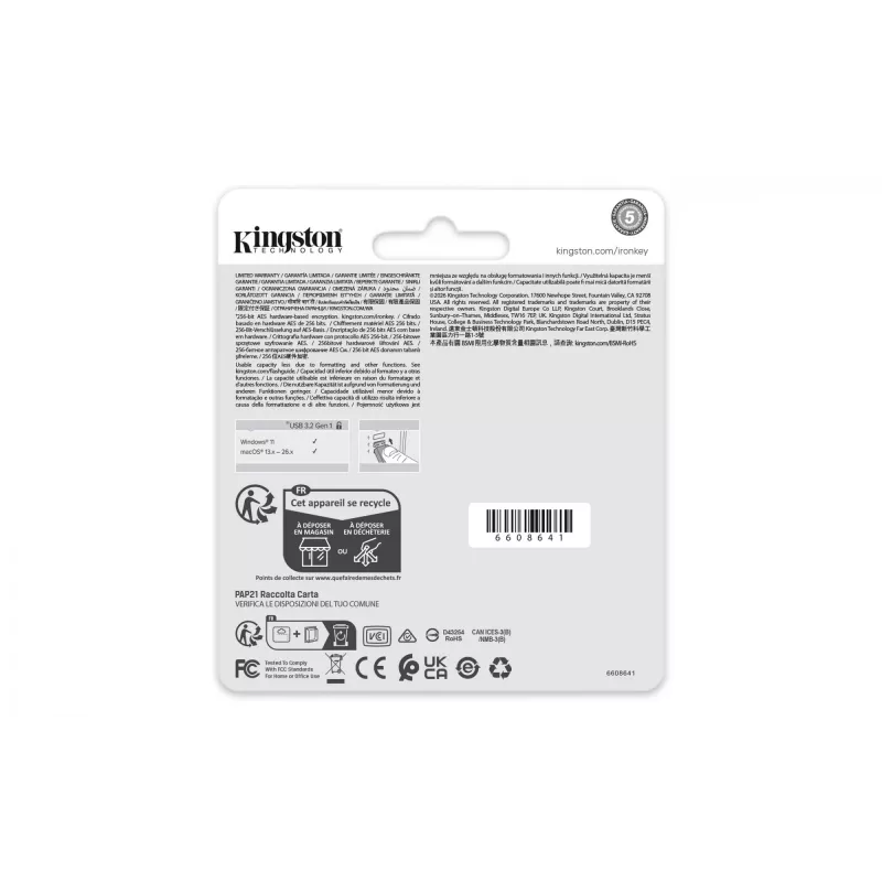 USB atmintukas KINGSTON IronKey Locker Plus 50 G2 256 GB, USB Type-A, USB 3.2 Gen 1, AES-256, FIPS 197