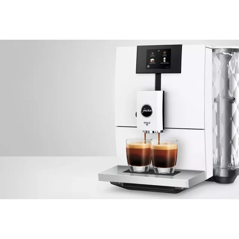 Kavos aparatas JURA ENA 8 (EC) — pilnai automatinis, 1,1 L vandens bakas, 125 g pupelių talpa, 15 programų, 15 bar, termoblokas, Wi‑Fi, baltas
