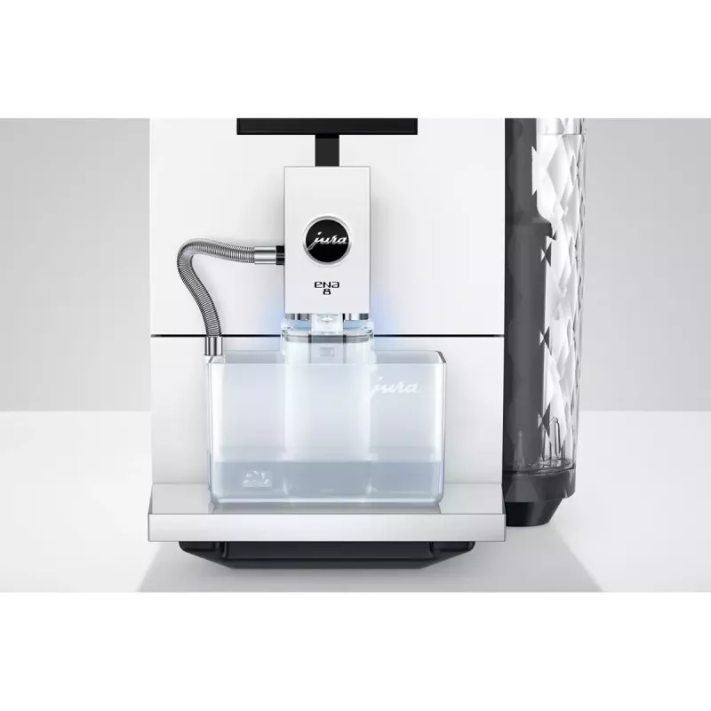 Kavos aparatas JURA ENA 8 (EC) — pilnai automatinis, 1,1 L vandens bakas, 125 g pupelių talpa, 15 programų, 15 bar, termoblokas, Wi‑Fi, baltas