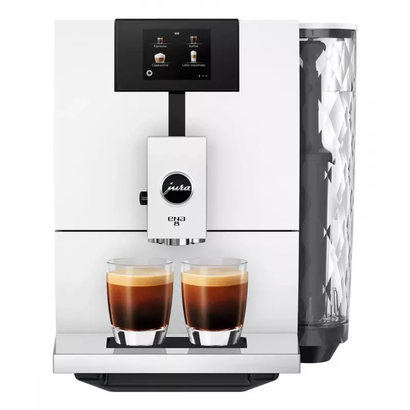 Kavos aparatas JURA ENA 8 (EC) — pilnai automatinis, 1,1 L vandens bakas, 125 g pupelių talpa, 15 programų, 15 bar, termoblokas, Wi‑Fi, baltas