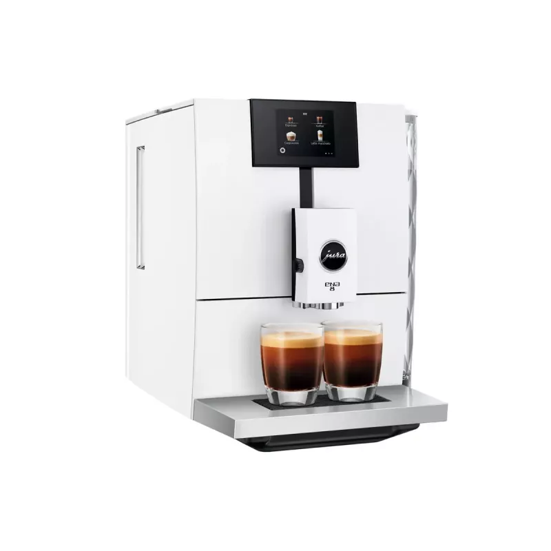 Kavos aparatas JURA ENA 8 (EC) — pilnai automatinis, 1,1 L vandens bakas, 125 g pupelių talpa, 15 programų, 15 bar, termoblokas, Wi‑Fi, baltas