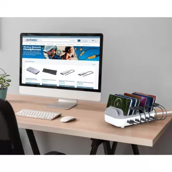Manhattan 10 prievadų USB-C įkrovimo stotelė, 10x 20W, 200W, maitinimas iš tinklo (su US/EU/UK adapteriais)