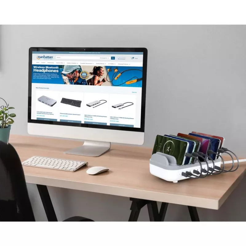 Manhattan 10 prievadų USB-C įkrovimo stotelė, 10x 20W, 200W, maitinimas iš tinklo (su US/EU/UK adapteriais)