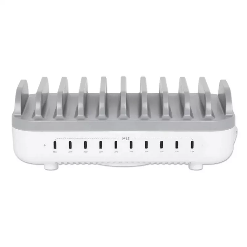 Manhattan 10 prievadų USB-C įkrovimo stotelė, 10x 20W, 200W, maitinimas iš tinklo (su US/EU/UK adapteriais)