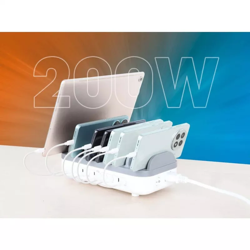 Manhattan 10 prievadų USB-C įkrovimo stotelė, 10x 20W, 200W, maitinimas iš tinklo (su US/EU/UK adapteriais)