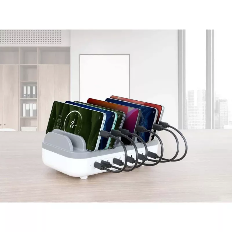 Manhattan 10 prievadų USB-C įkrovimo stotelė, 10x 20W, 200W, maitinimas iš tinklo (su US/EU/UK adapteriais)