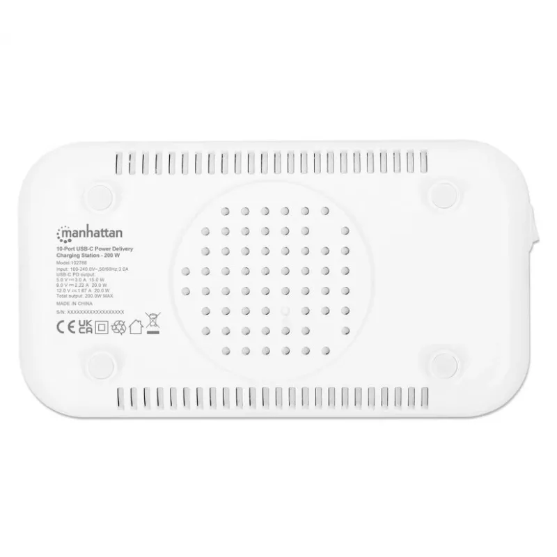 Manhattan 10 prievadų USB-C įkrovimo stotelė, 10x 20W, 200W, maitinimas iš tinklo (su US/EU/UK adapteriais)