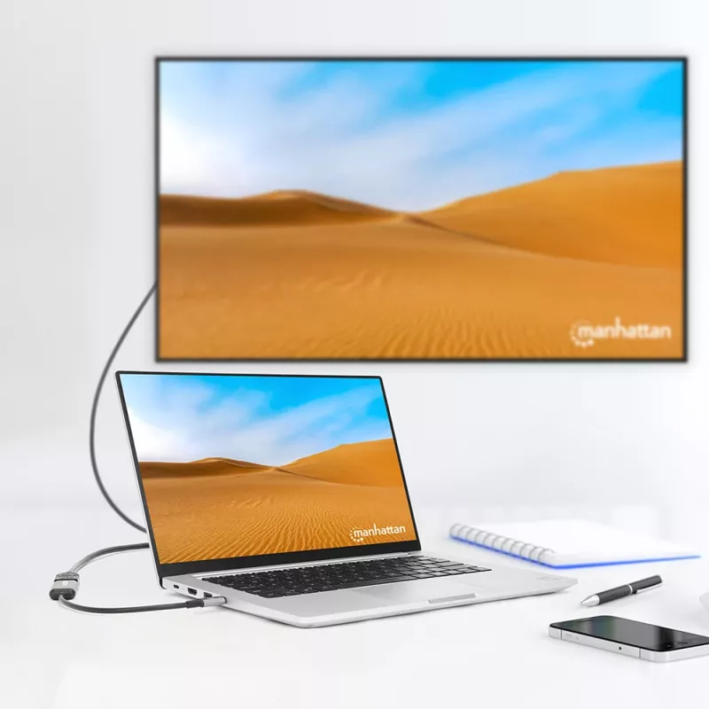 Manhattan USB-C į HDMI laidas, 4K@60Hz, 5 Gbps (USB 3.2 Gen1), 15 cm, juodas, vyriškas į moterišką