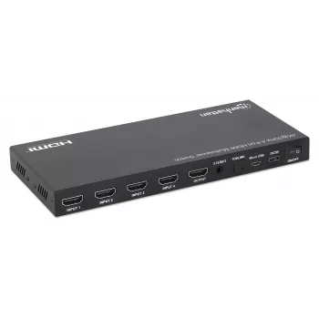 Manhattan 4K 4 prievadų HDMI multiviewer jungiklis, 4 įėjimai į vieną ekraną, 4k@30Hz, keli rodymo režimai, įskaitant paveikslėlyje paveikslėlį ir dvigubą/keturgubą ekraną, mygtukas arba nuotolinio valdymo pultas, 3,5 mm ir Toslink garsas, juodas, 3 metų 