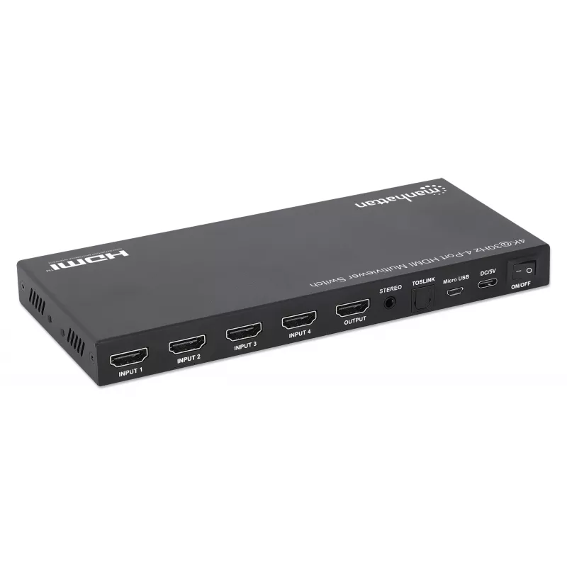 Manhattan 4K 4 prievadų HDMI multiviewer jungiklis, 4 įėjimai į vieną ekraną, 4k@30Hz, keli rodymo režimai, įskaitant paveikslėlyje paveikslėlį ir dvigubą/keturgubą ekraną, mygtukas arba nuotolinio valdymo pultas, 3,5 mm ir Toslink garsas, juodas, 3 metų 
