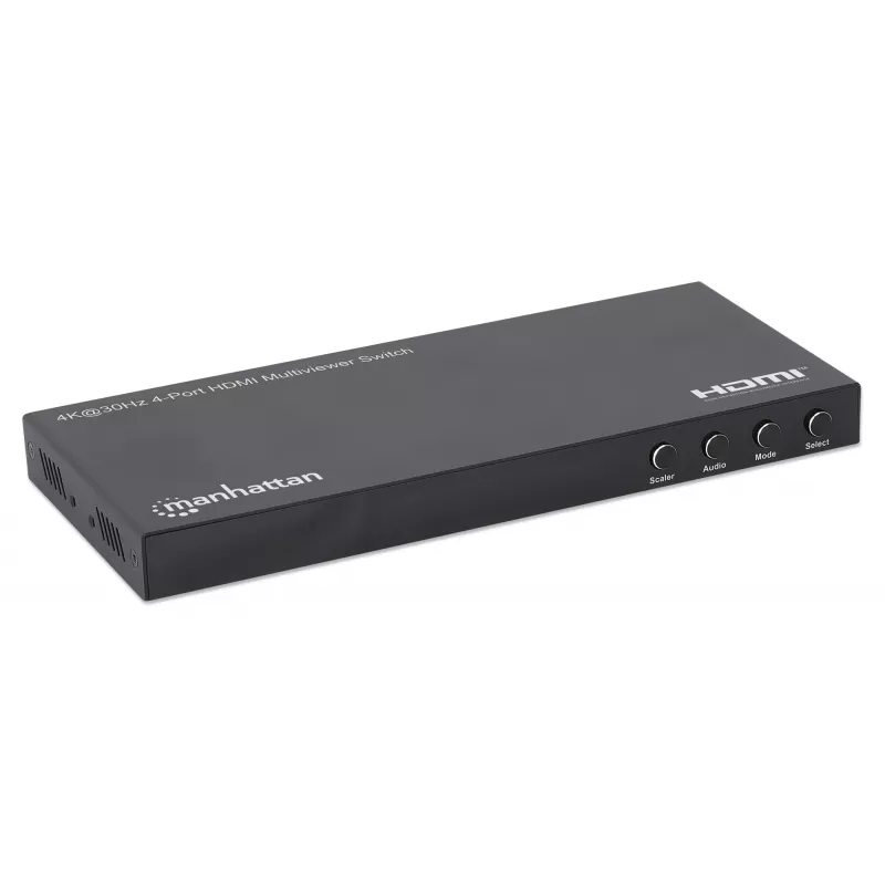 Manhattan 4K 4 prievadų HDMI multiviewer jungiklis, 4 įėjimai į vieną ekraną, 4k@30Hz, keli rodymo režimai, įskaitant paveikslėlyje paveikslėlį ir dvigubą/keturgubą ekraną, mygtukas arba nuotolinio valdymo pultas, 3,5 mm ir Toslink garsas, juodas, 3 metų 