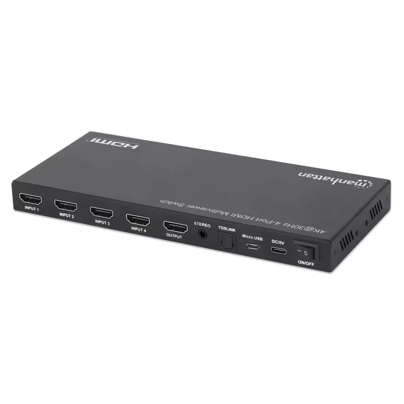 Manhattan 4K 4 prievadų HDMI multiviewer jungiklis, 4 įėjimai į vieną ekraną, 4k@30Hz, keli rodymo režimai, įskaitant paveikslėlyje paveikslėlį ir dvigubą/keturgubą ekraną, mygtukas arba nuotolinio valdymo pultas, 3,5 mm ir Toslink garsas, juodas, 3 metų 
